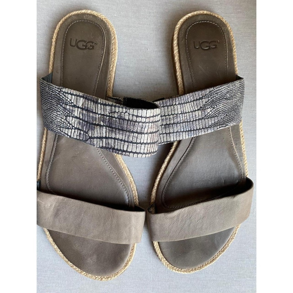 Ugg Sandals Size 8 Flat Slip On Gray Leather Y2K Travel Beach Shoes